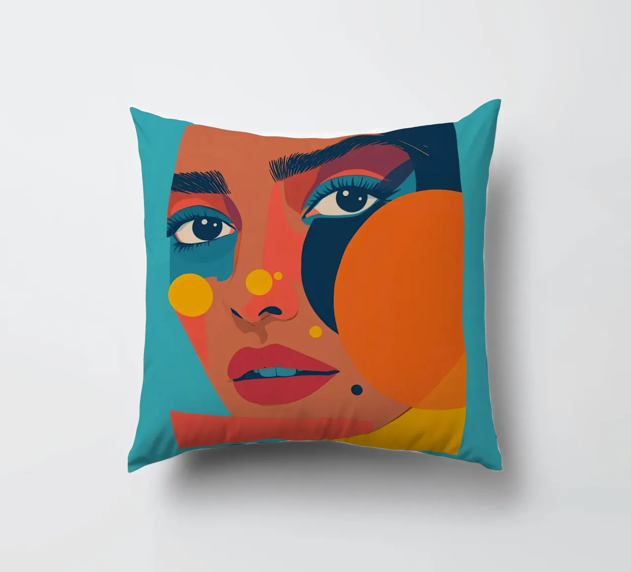 Ritratto astratto di donna con forme geometriche e colore piatto cuscino da DesignDoodle