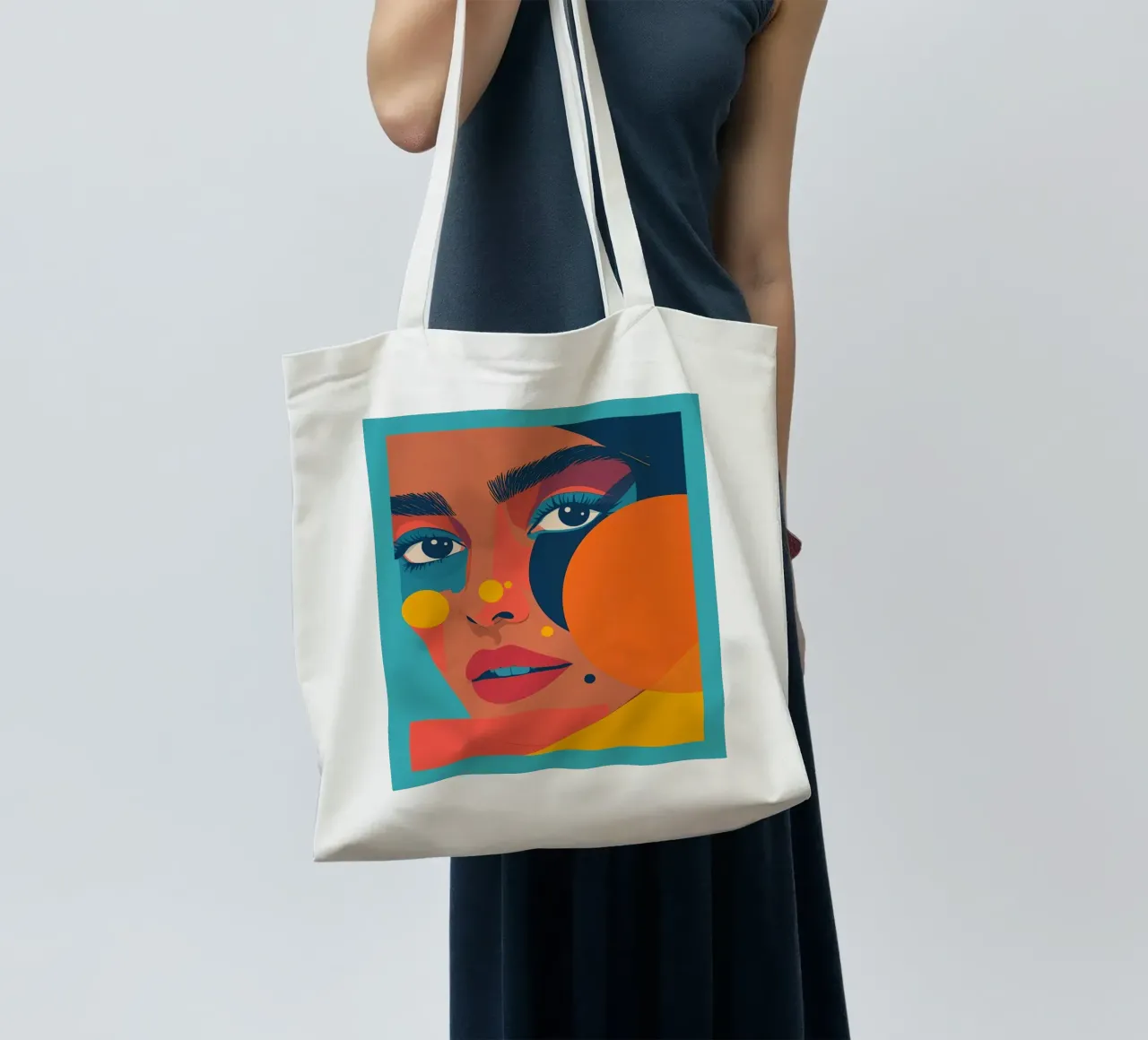 Ritratto astratto di donna con forme geometriche e colore piatto borsa in juta da DesignDoodle