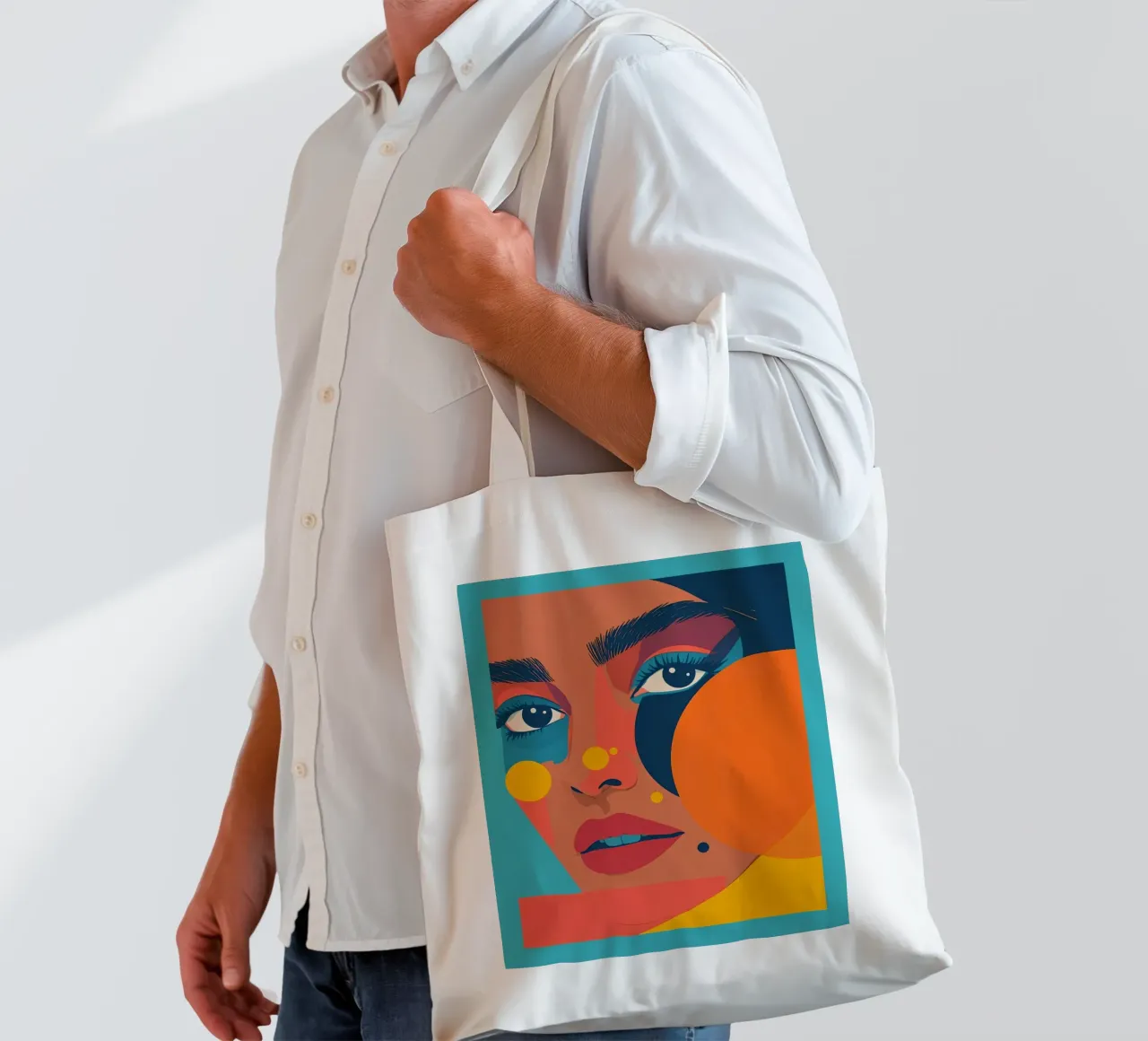 Ritratto astratto di donna con forme geometriche e colore piatto borsa in juta da DesignDoodle