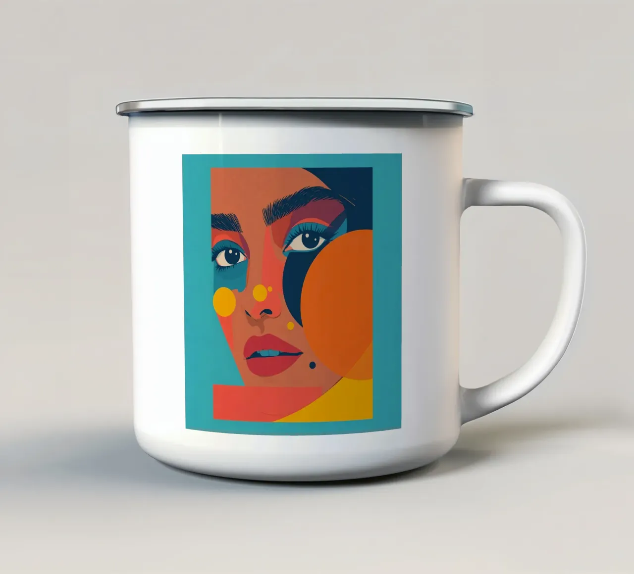 Ritratto astratto di donna con forme geometriche e colore piatto tazza in smalto da DesignDoodle