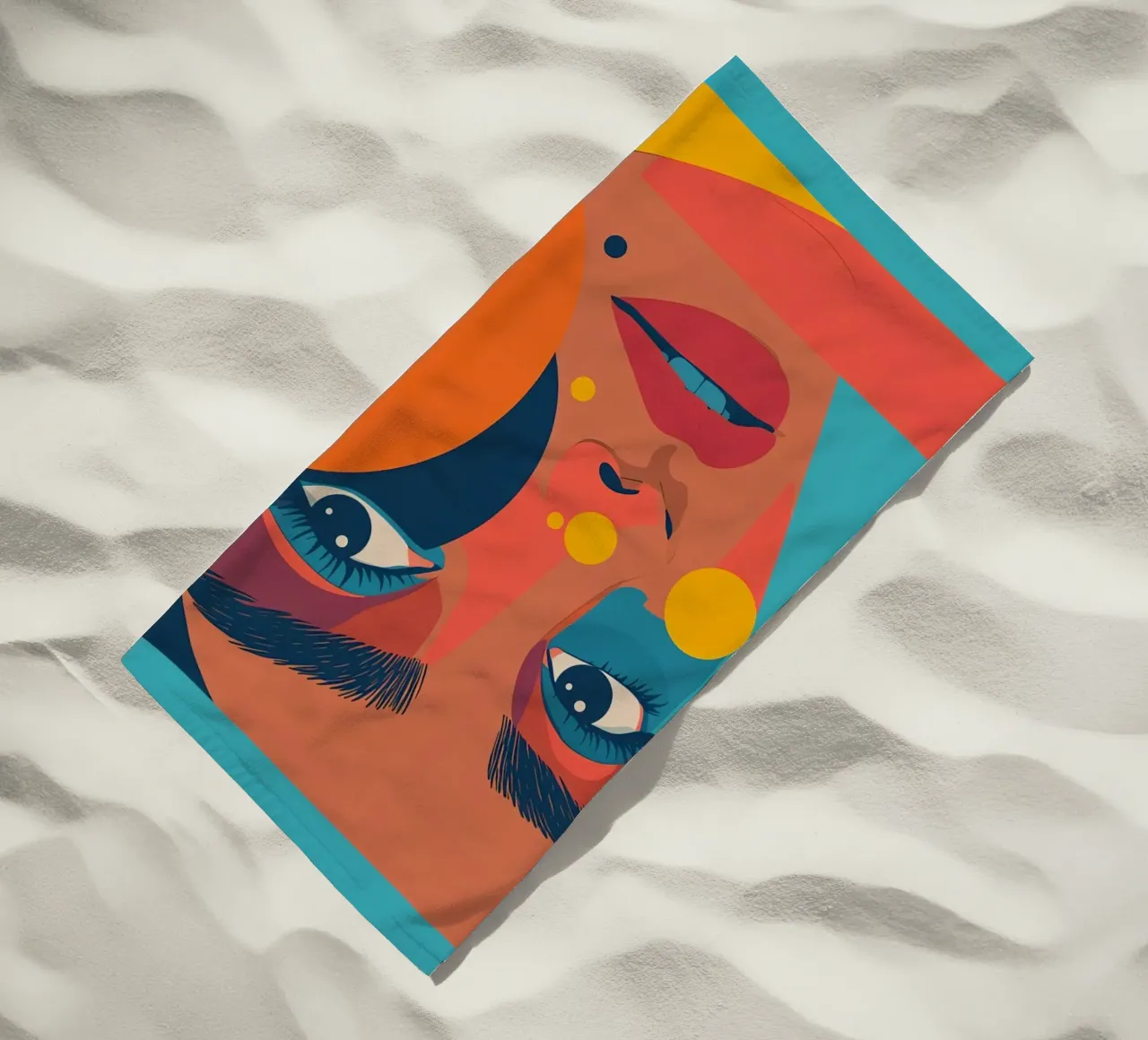 Ritratto astratto di donna con forme geometriche e colore piatto telo mare da DesignDoodle