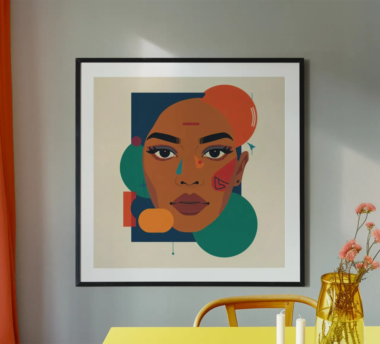 Abstrakte ältere Frau Porträt mit geometrischen Formen Poster mit Kunststoffrahmen von DesignDoodle