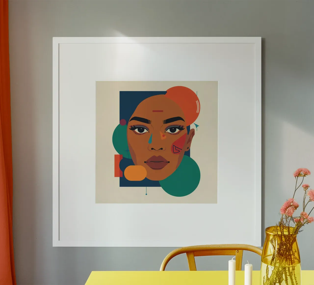 Abstrakte ältere Frau Porträt mit geometrischen Formen Poster mit Kunststoffrahmen von DesignDoodle