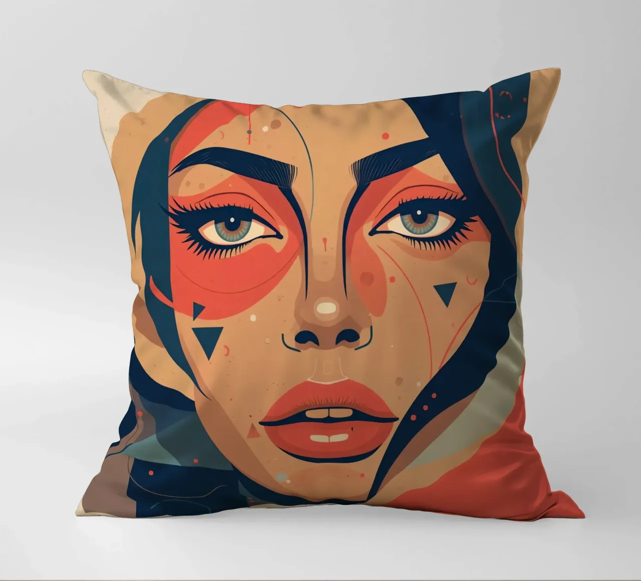 Volto di donna astratto con elementi geometrici freddi cuscino da DesignDoodle