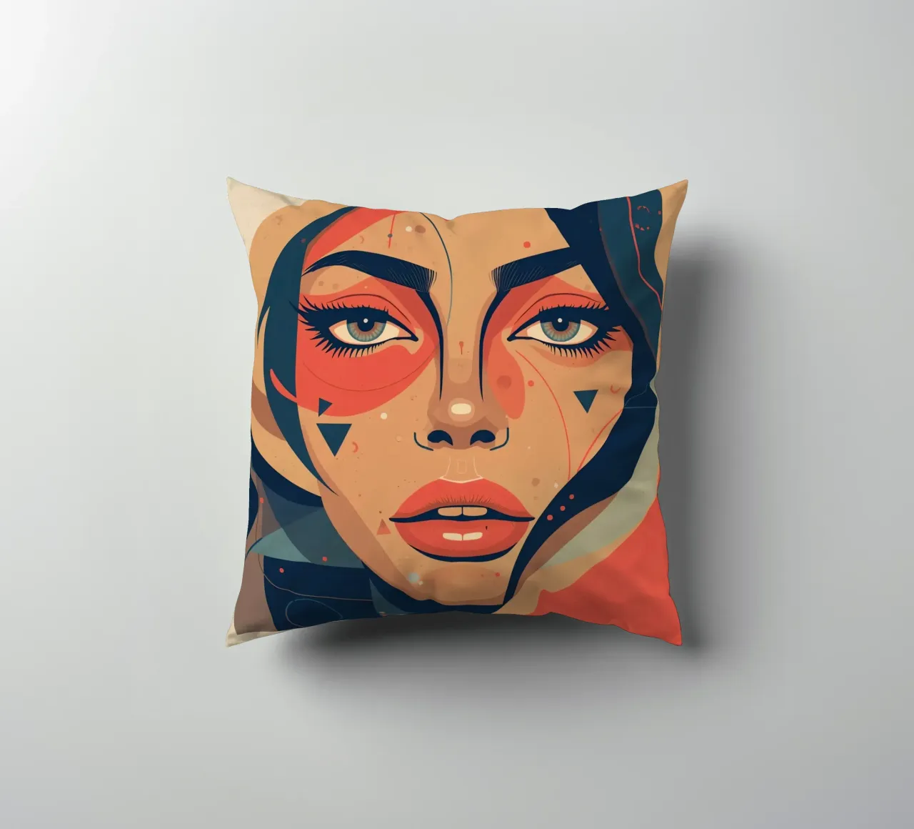 Volto di donna astratto con elementi geometrici freddi cuscino da DesignDoodle