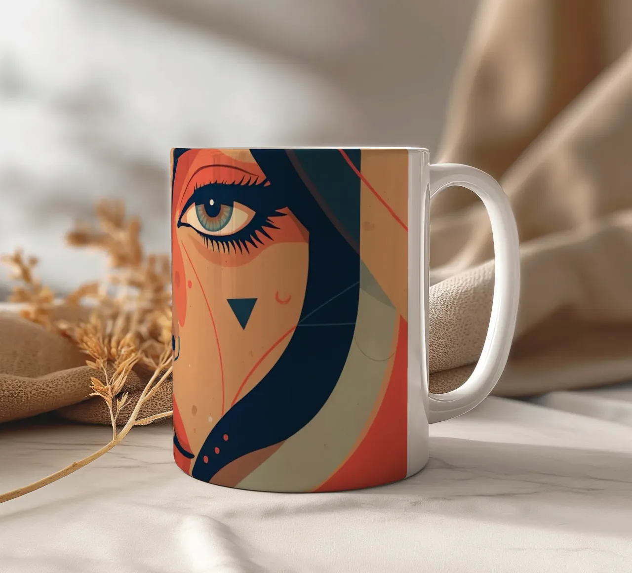 Volto di donna astratto con elementi geometrici freddi tazza in ceramica da DesignDoodle