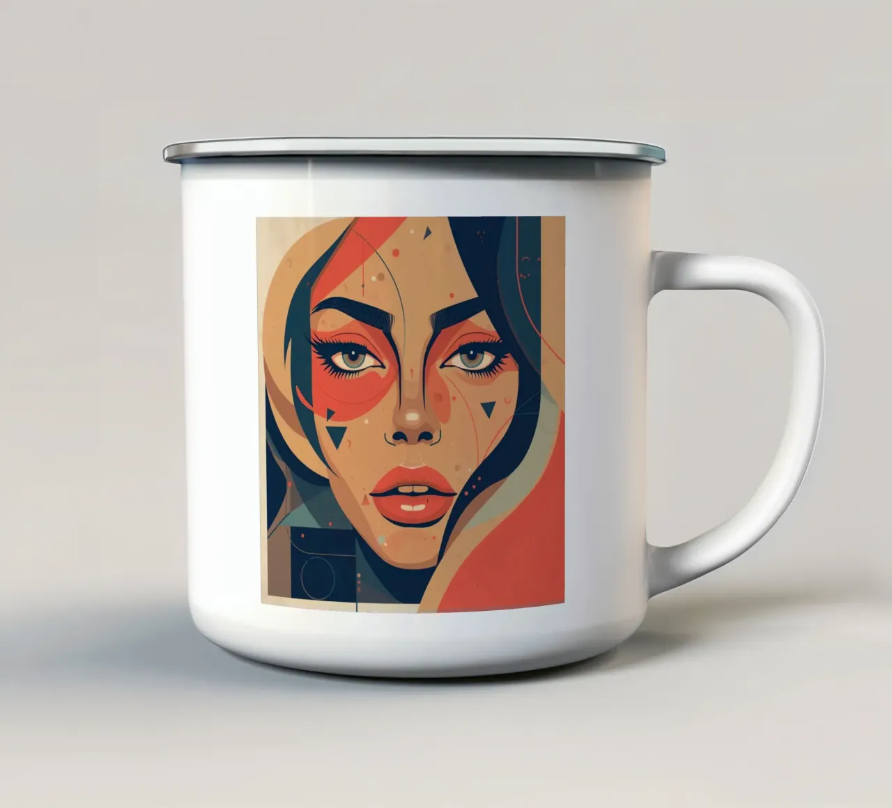 Volto di donna astratto con elementi geometrici freddi tazza in smalto da DesignDoodle