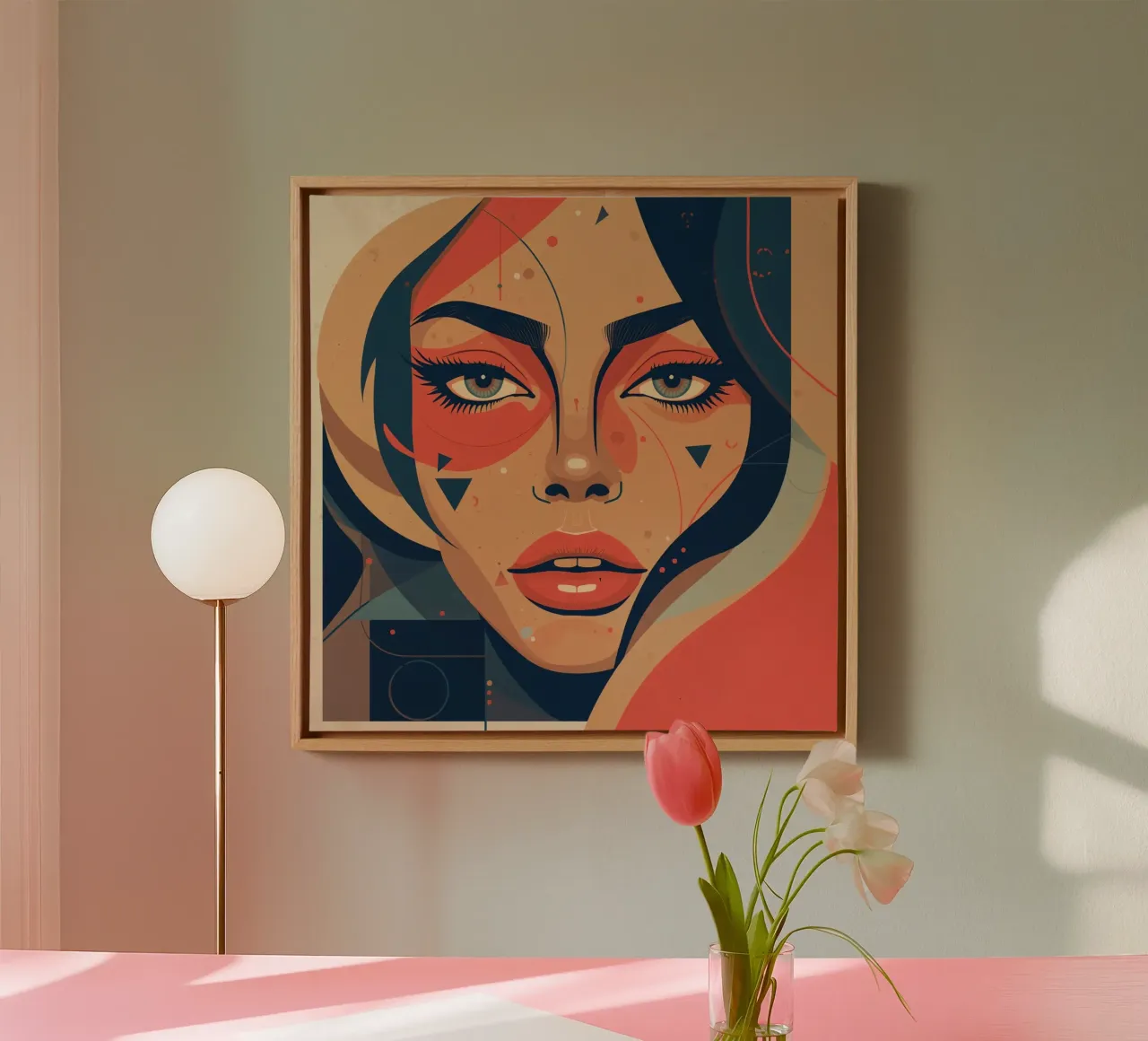 Volto di donna astratto con elementi geometrici freddi tela con Cornice a cassetta da DesignDoodle