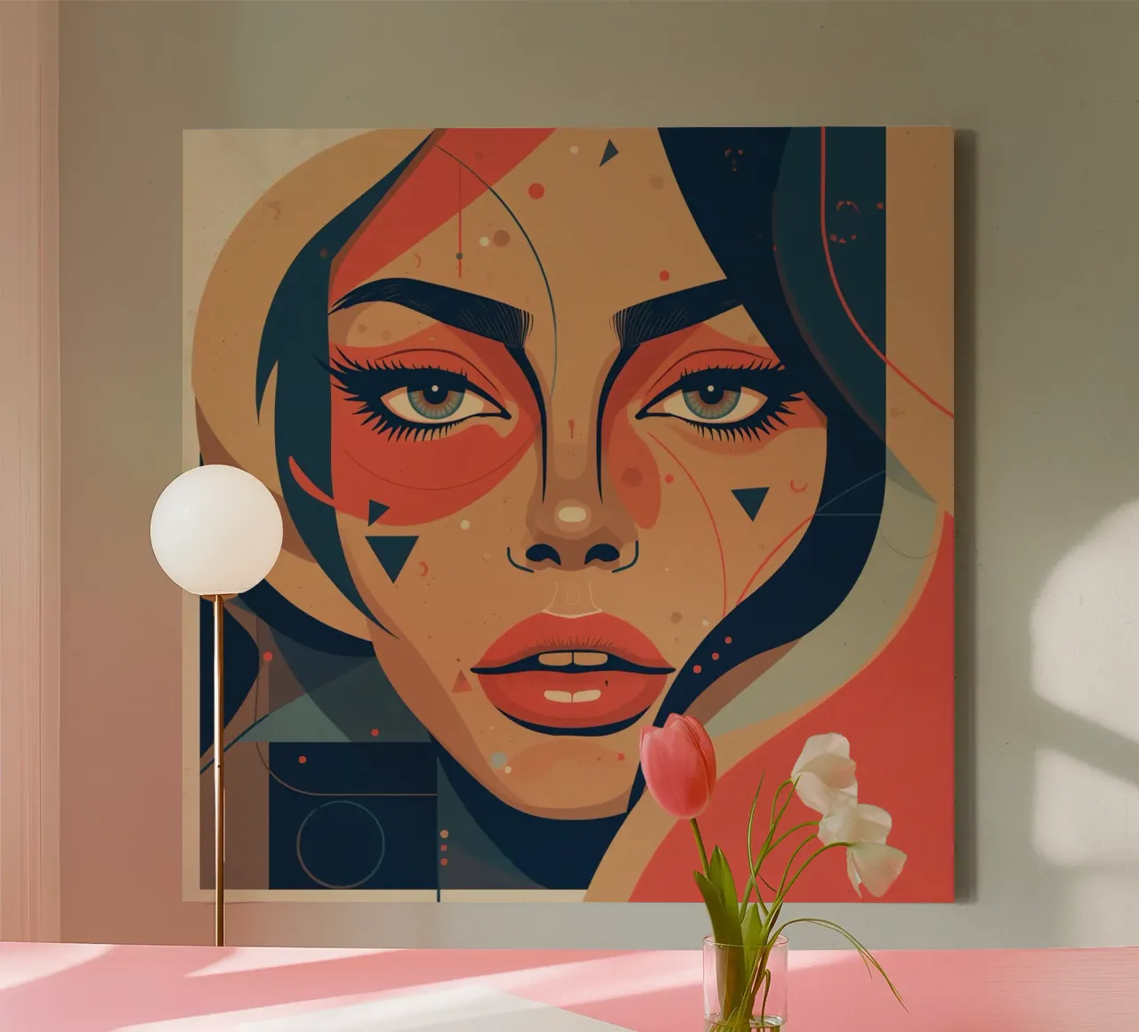 Volto di donna astratto con elementi geometrici freddi tela con Cornice a cassetta da DesignDoodle