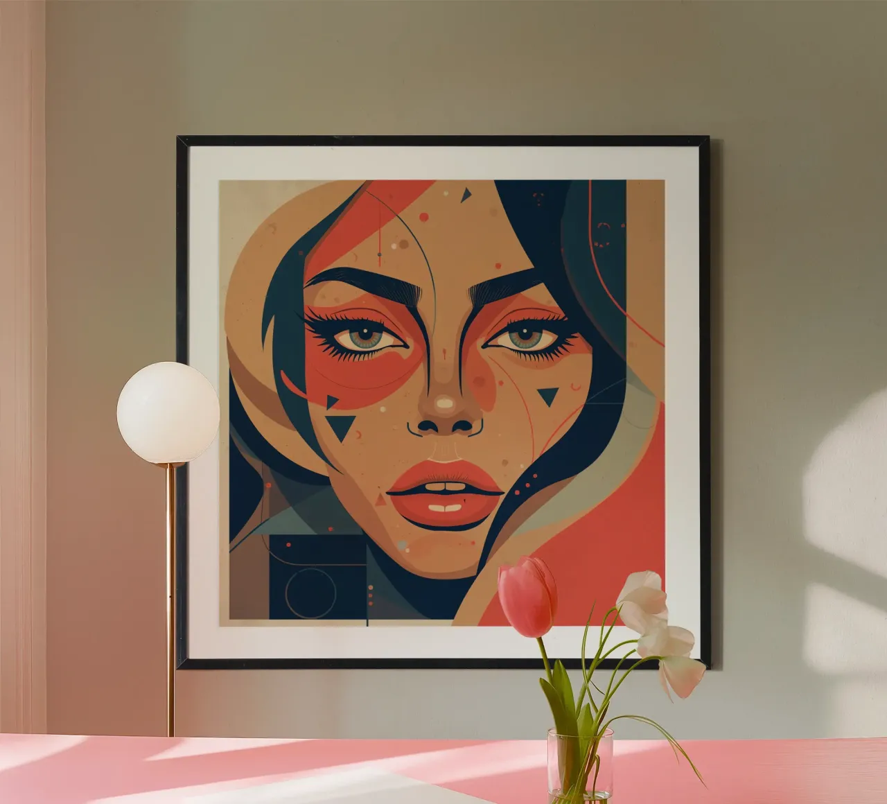 Volto di donna astratto con elementi geometrici freddi poster con telaio in legno da DesignDoodle