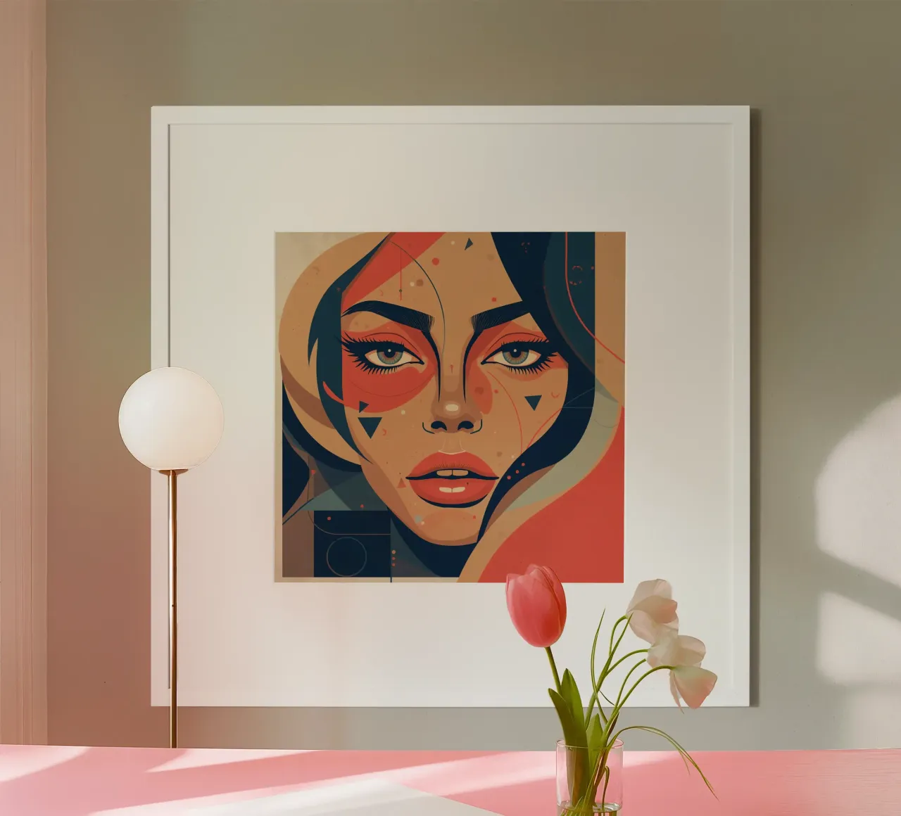 Volto di donna astratto con elementi geometrici freddi poster con telaio in legno da DesignDoodle