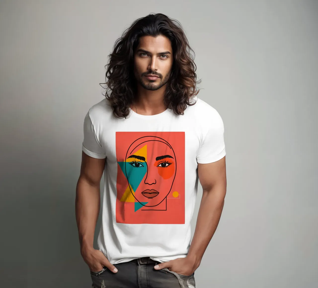 Abstract Woman's Face with Geometric Shapes red background t-shirt by DesignDoodle