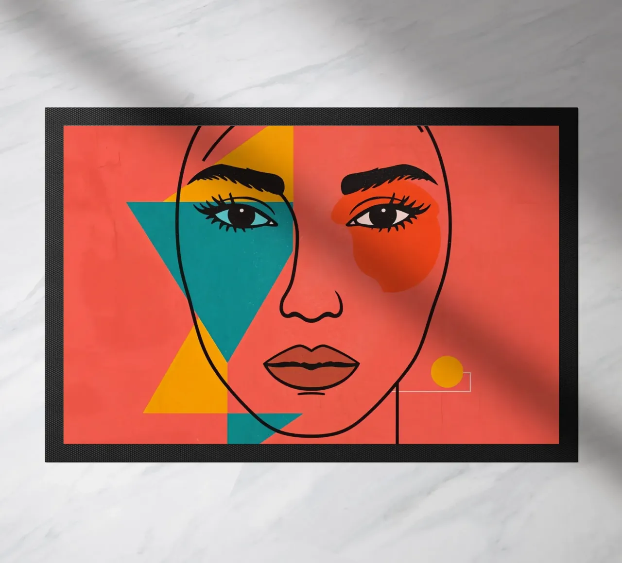 Abstract Woman's Face with Geometric Shapes red background doormat by DesignDoodle