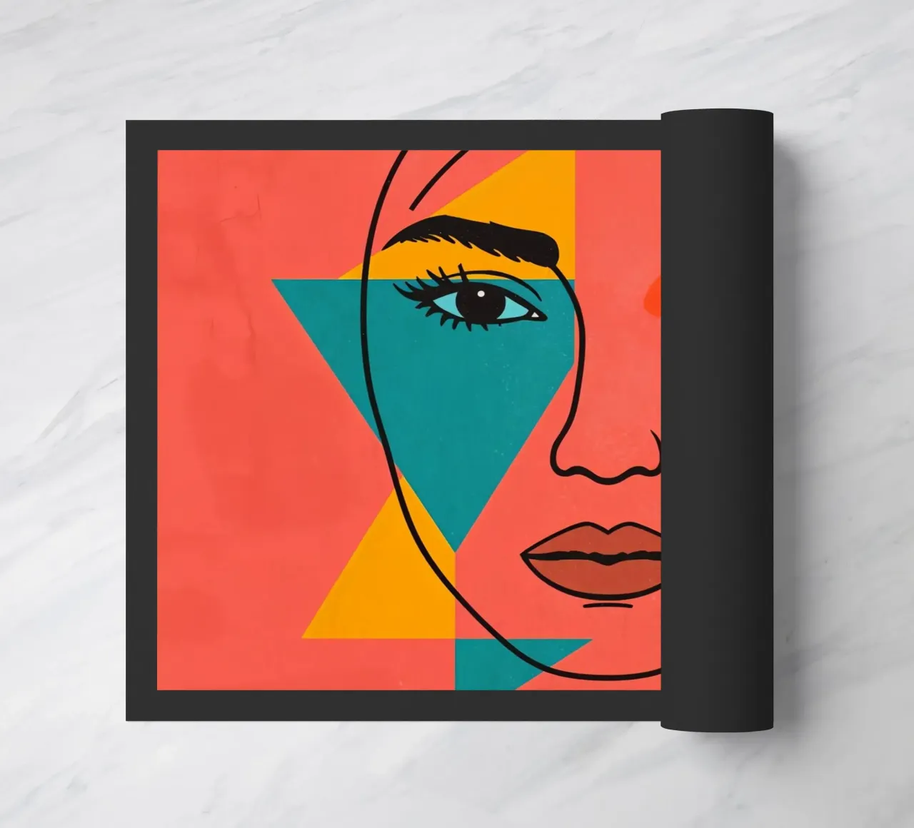 Abstract Woman's Face with Geometric Shapes red background doormat by DesignDoodle
