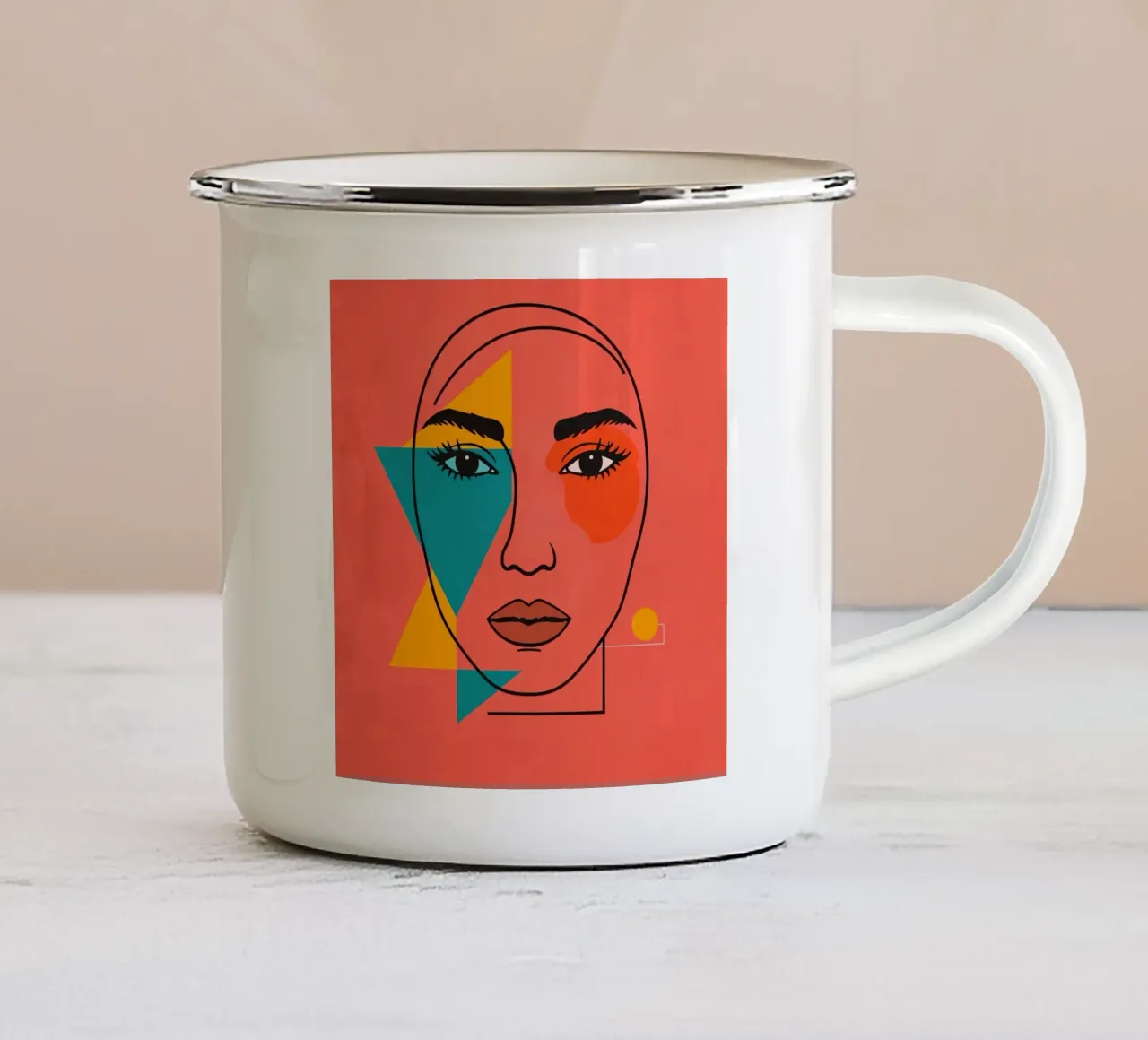 Abstract Woman's Face with Geometric Shapes red background enamel mug by DesignDoodle