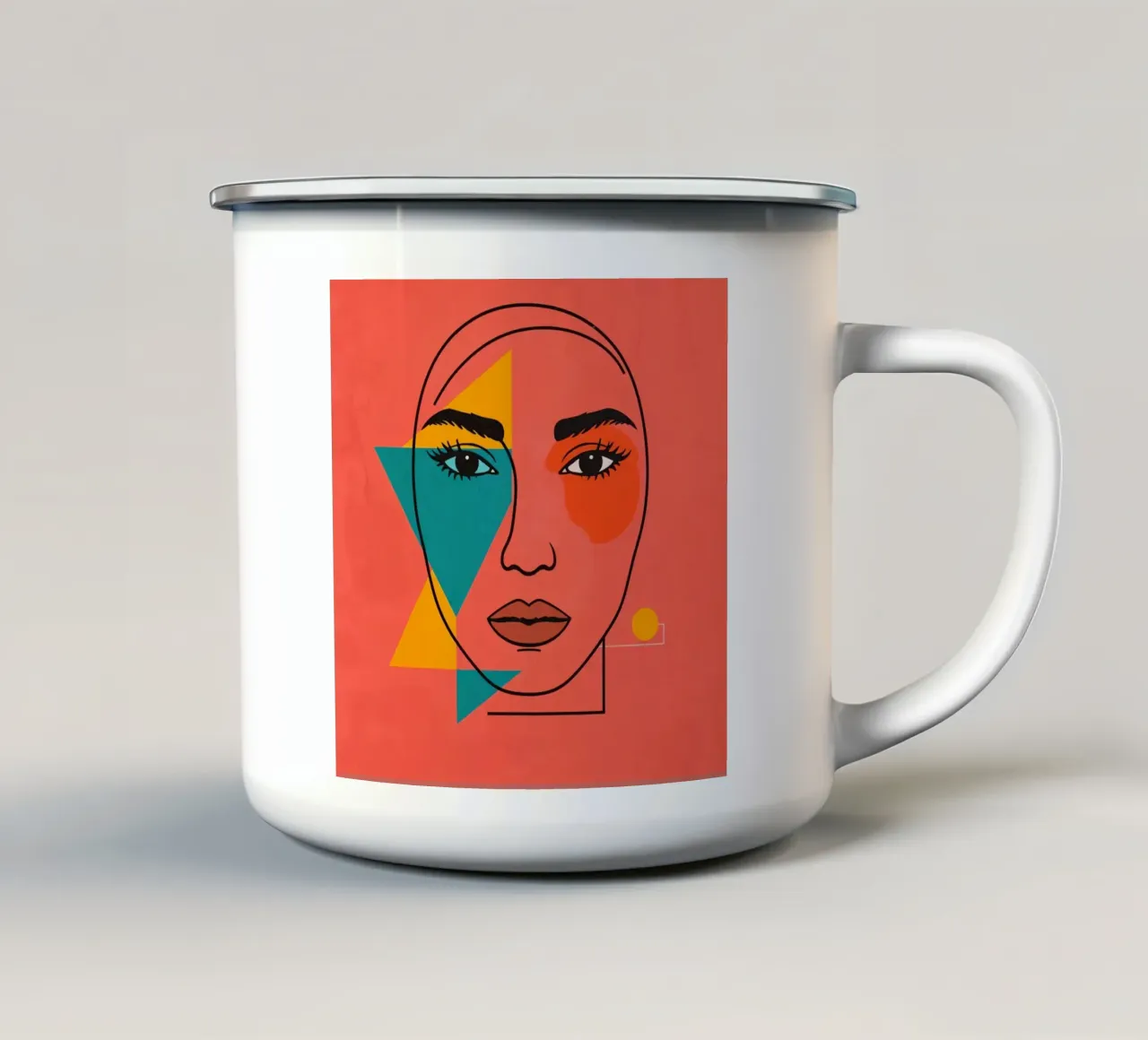 Abstract Woman's Face with Geometric Shapes red background enamel mug by DesignDoodle
