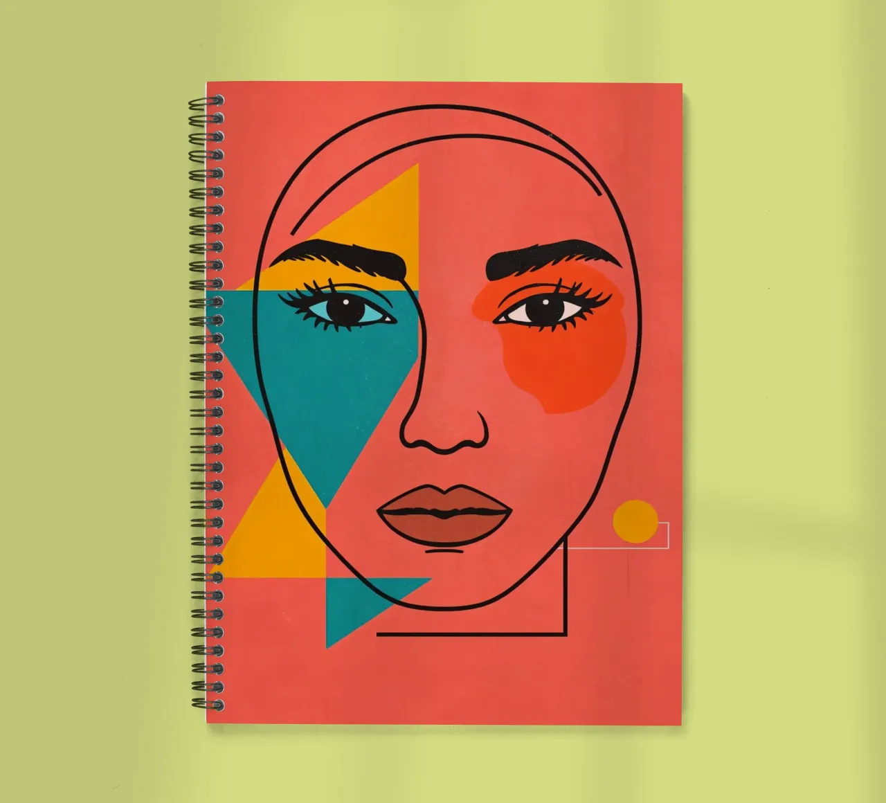 Abstract Woman's Face with Geometric Shapes red background spiral notebook by DesignDoodle