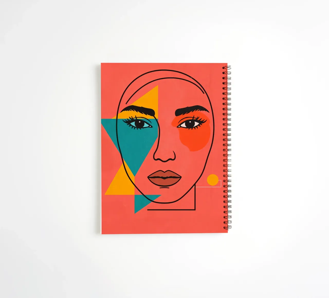Abstract Woman's Face with Geometric Shapes red background spiral notebook by DesignDoodle