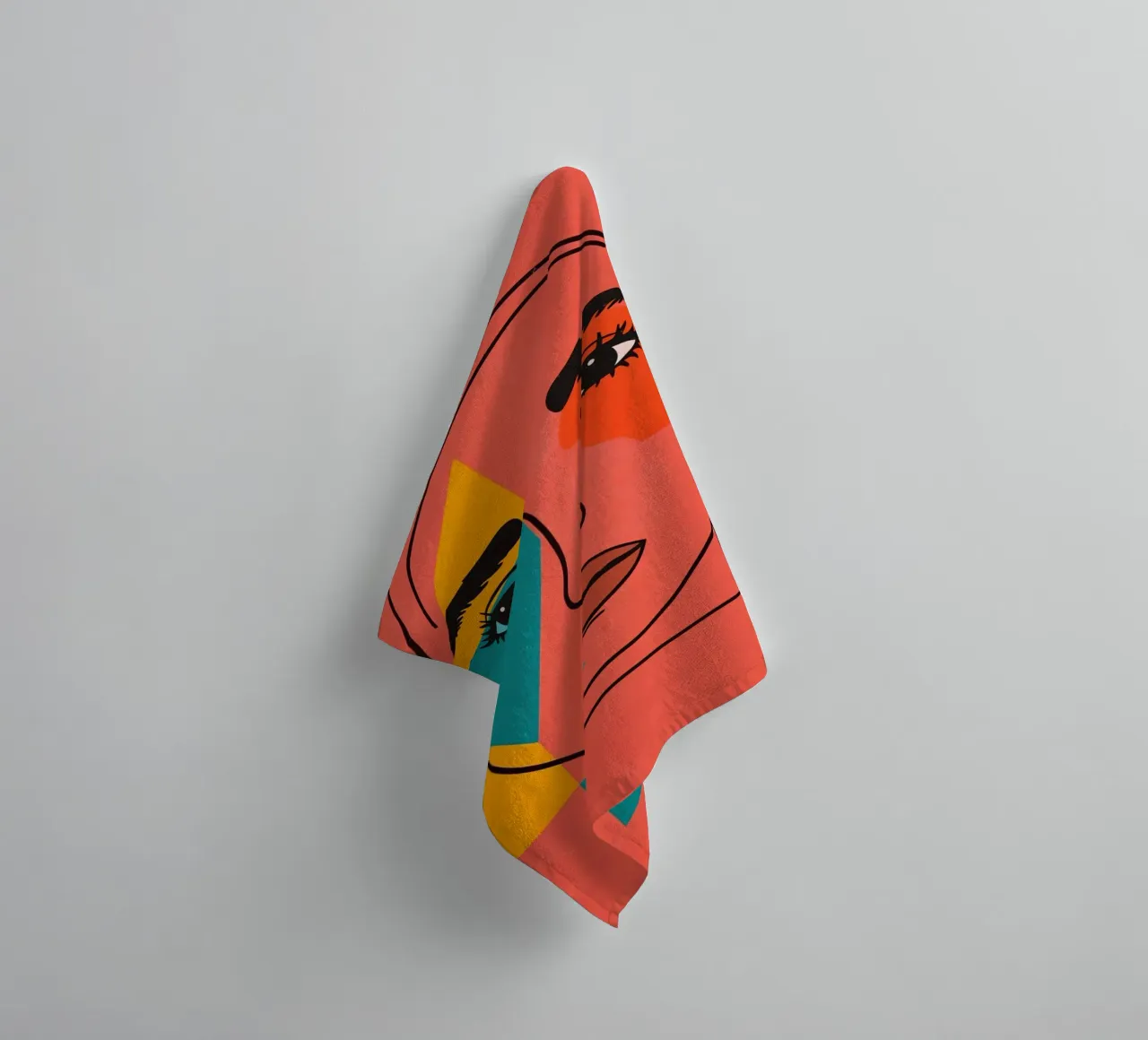 Abstract Woman's Face with Geometric Shapes red background towel by DesignDoodle