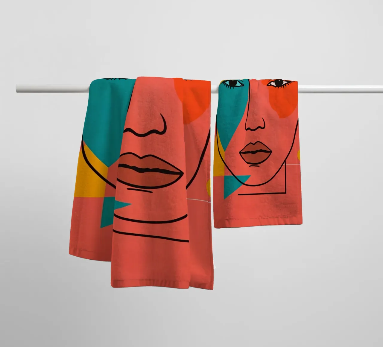 Abstract Woman's Face with Geometric Shapes red background towel by DesignDoodle