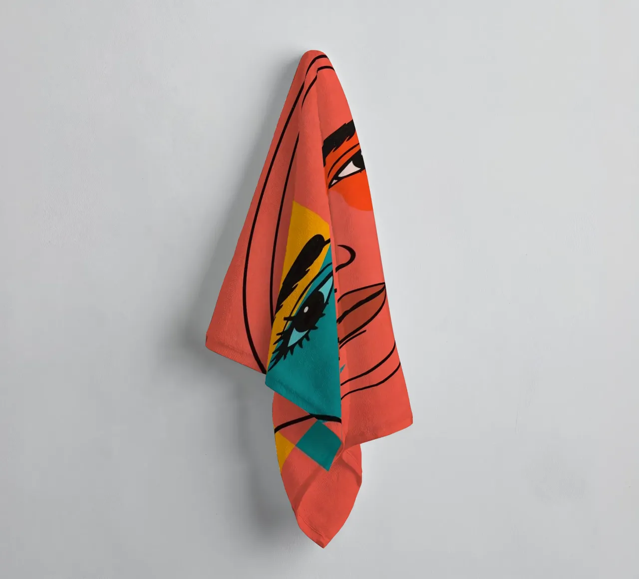 Abstract Woman's Face with Geometric Shapes red background towel by DesignDoodle