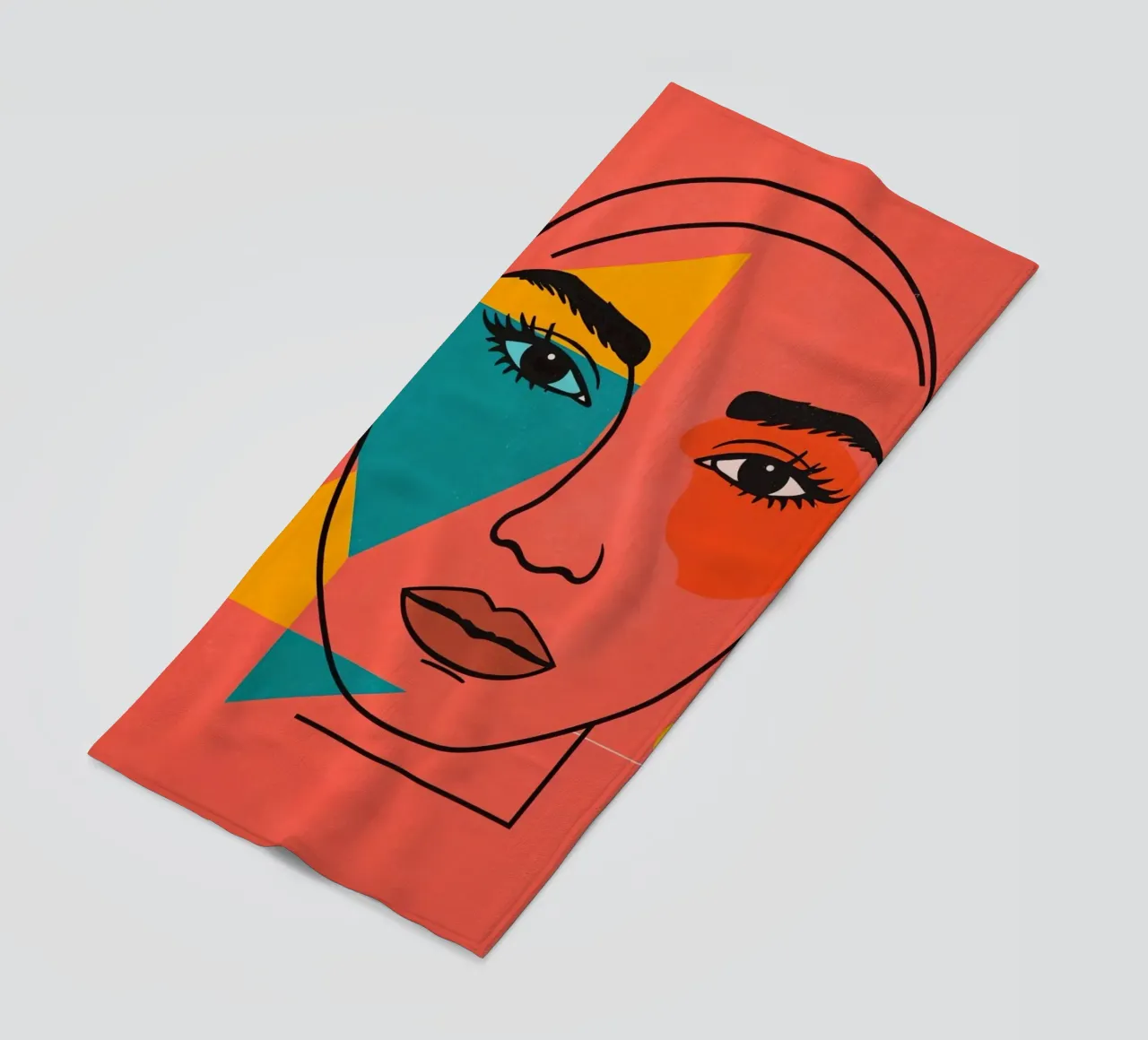Abstract Woman's Face with Geometric Shapes red background beach towel by DesignDoodle