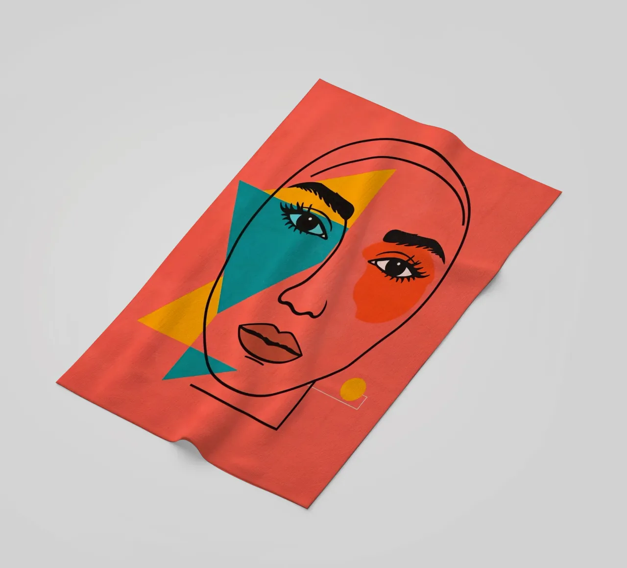 Abstract Woman's Face with Geometric Shapes red background beach towel by DesignDoodle
