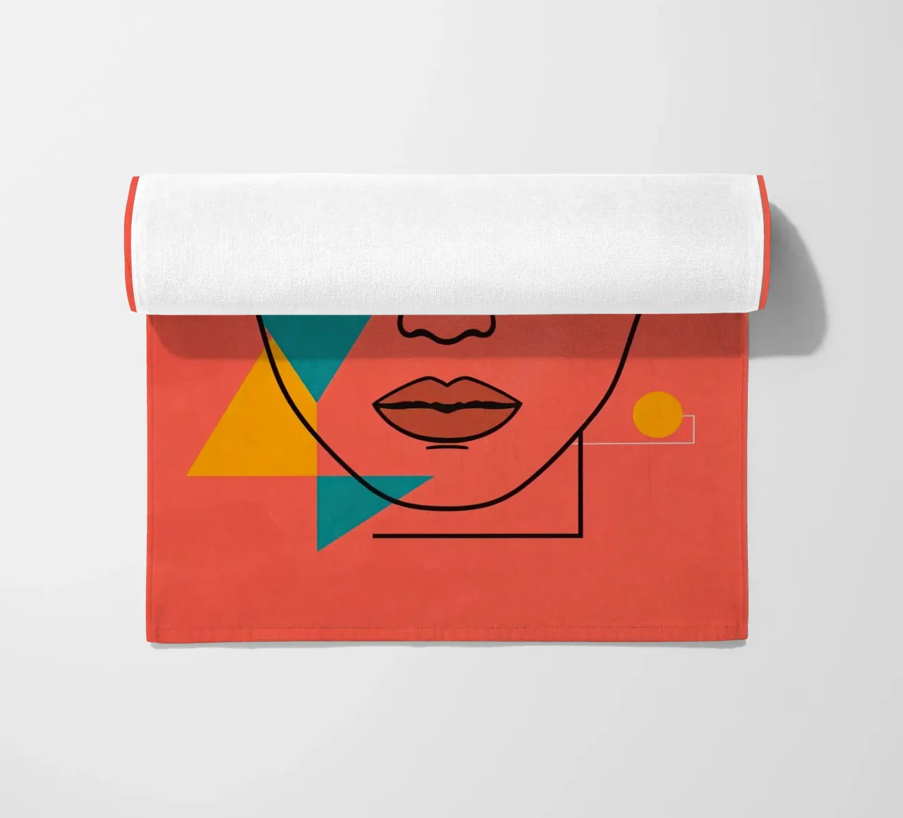 Abstract Woman's Face with Geometric Shapes red background beach towel by DesignDoodle