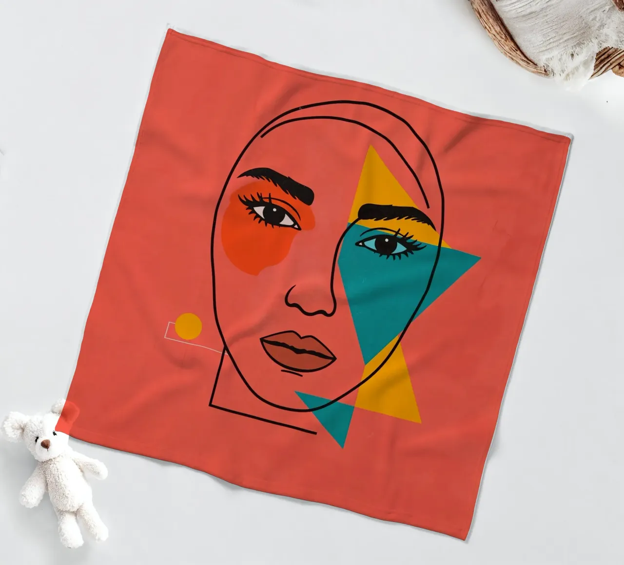 Abstract Woman's Face with Geometric Shapes red background fleece blanket by DesignDoodle