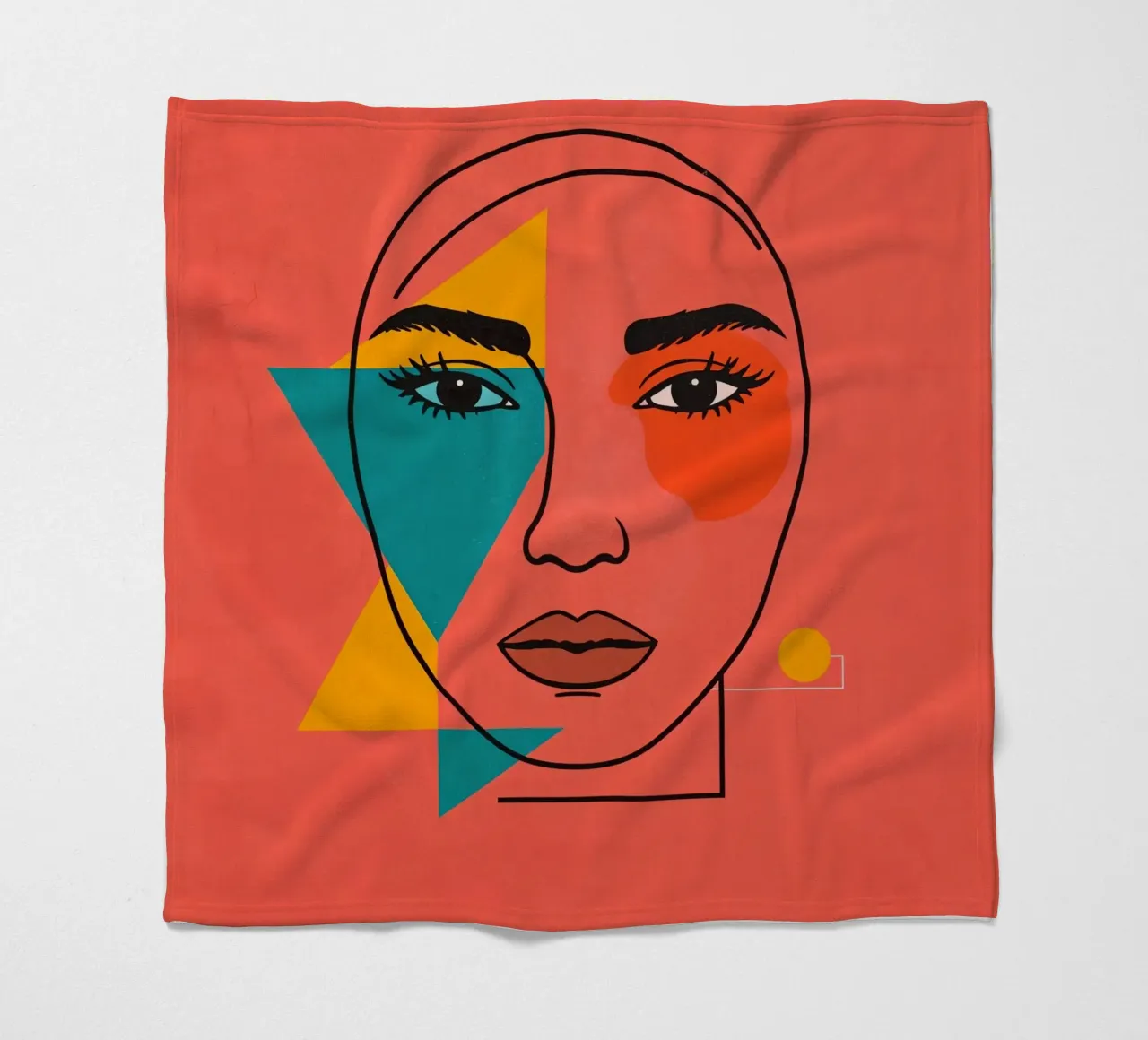 Abstract Woman's Face with Geometric Shapes red background fleece blanket by DesignDoodle