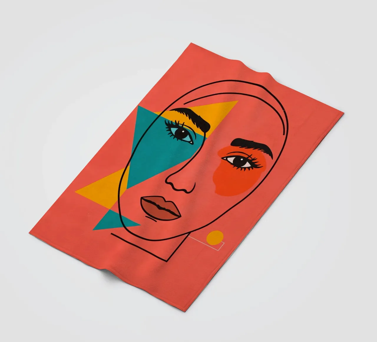Abstract Woman's Face with Geometric Shapes red background fleece blanket by DesignDoodle
