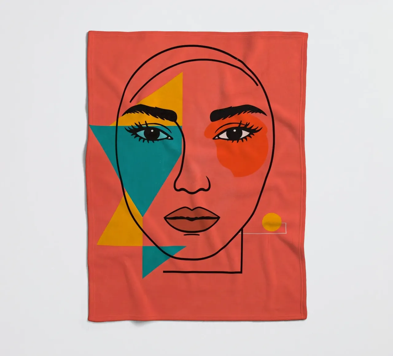 Abstract Woman's Face with Geometric Shapes red background fleece blanket by DesignDoodle