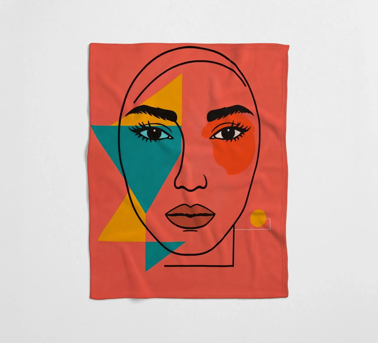 Abstract Woman's Face with Geometric Shapes red background fleece blanket by DesignDoodle