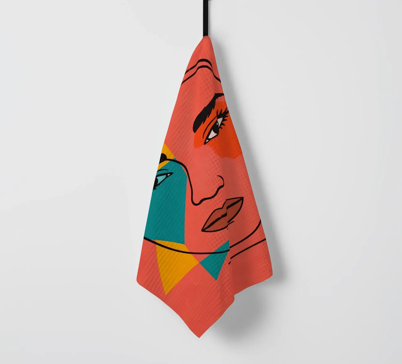 Abstract Woman's Face with Geometric Shapes red background tea towel by DesignDoodle
