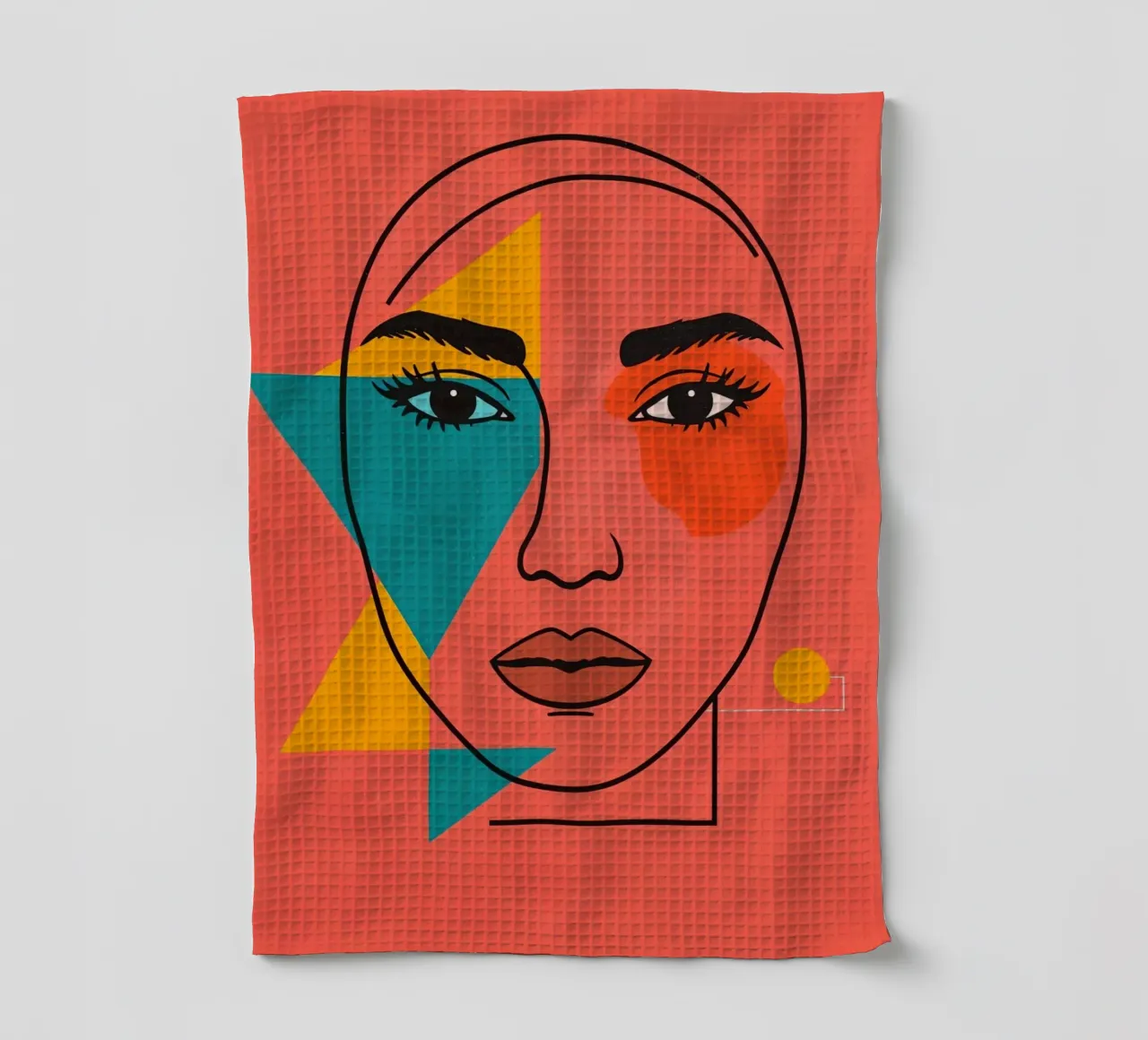 Abstract Woman's Face with Geometric Shapes red background tea towel by DesignDoodle