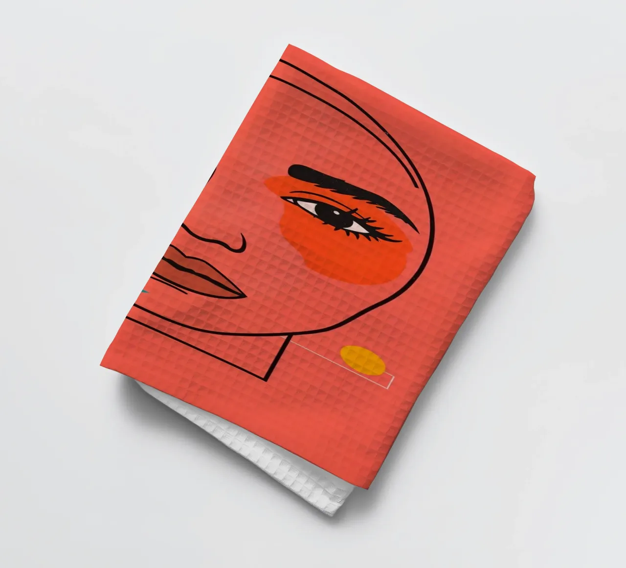 Abstract Woman's Face with Geometric Shapes red background tea towel by DesignDoodle