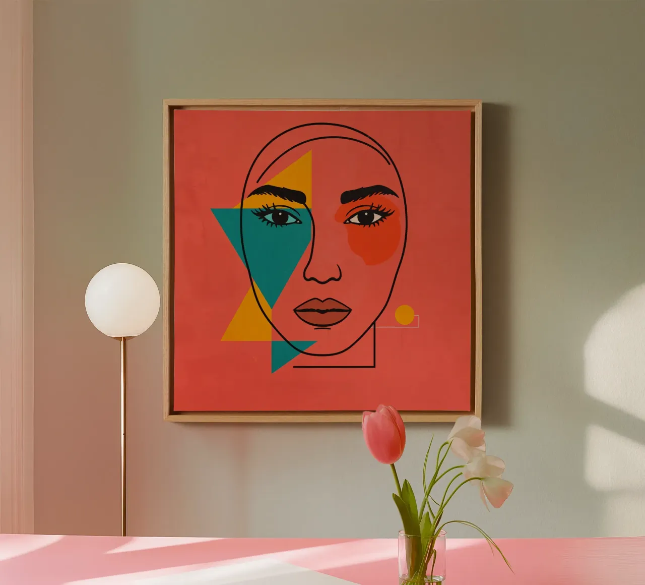 Abstract Woman's Face with Geometric Shapes red background canvas with Floater frame by DesignDoodle