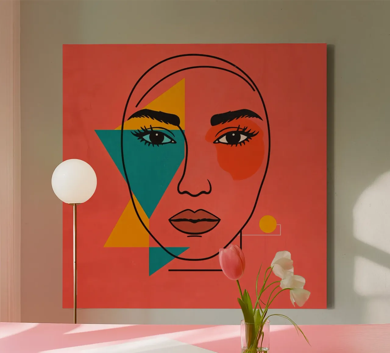 Abstract Woman's Face with Geometric Shapes red background canvas with Floater frame by DesignDoodle