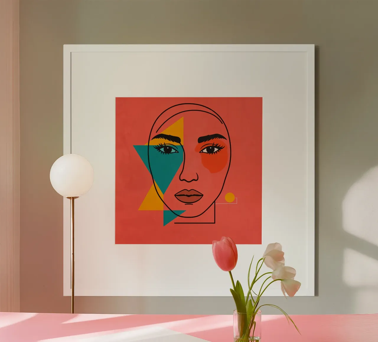 Abstract Woman's Face with Geometric Shapes red background poster with aluminum frame by DesignDoodle