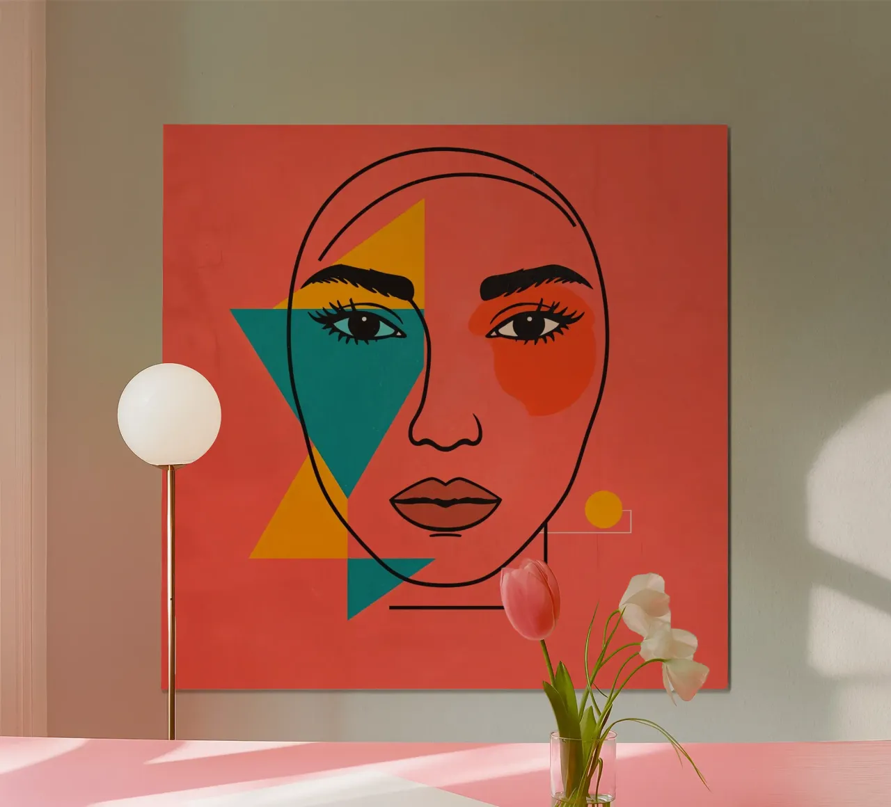 Abstract Woman's Face with Geometric Shapes red background poster with aluminum frame by DesignDoodle