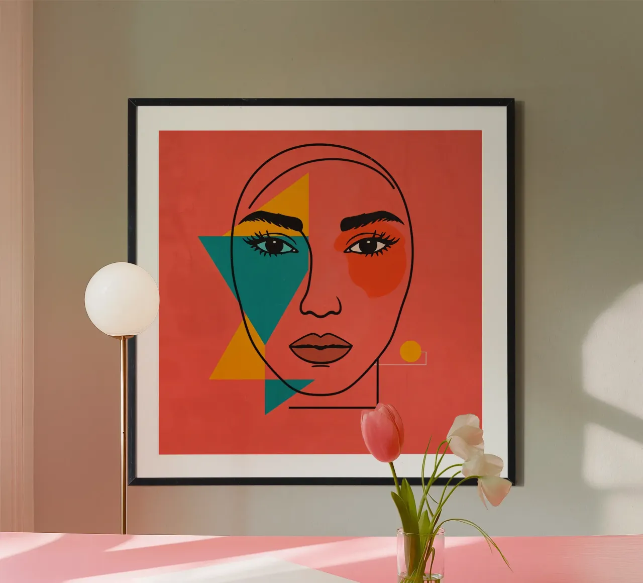 Abstract Woman's Face with Geometric Shapes red background poster with aluminum frame by DesignDoodle