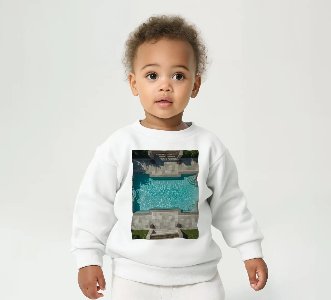 Vue aérienne d'une piscine rectangulaire avec un patio en pierre sweat pour bébé de DesignDoodle
