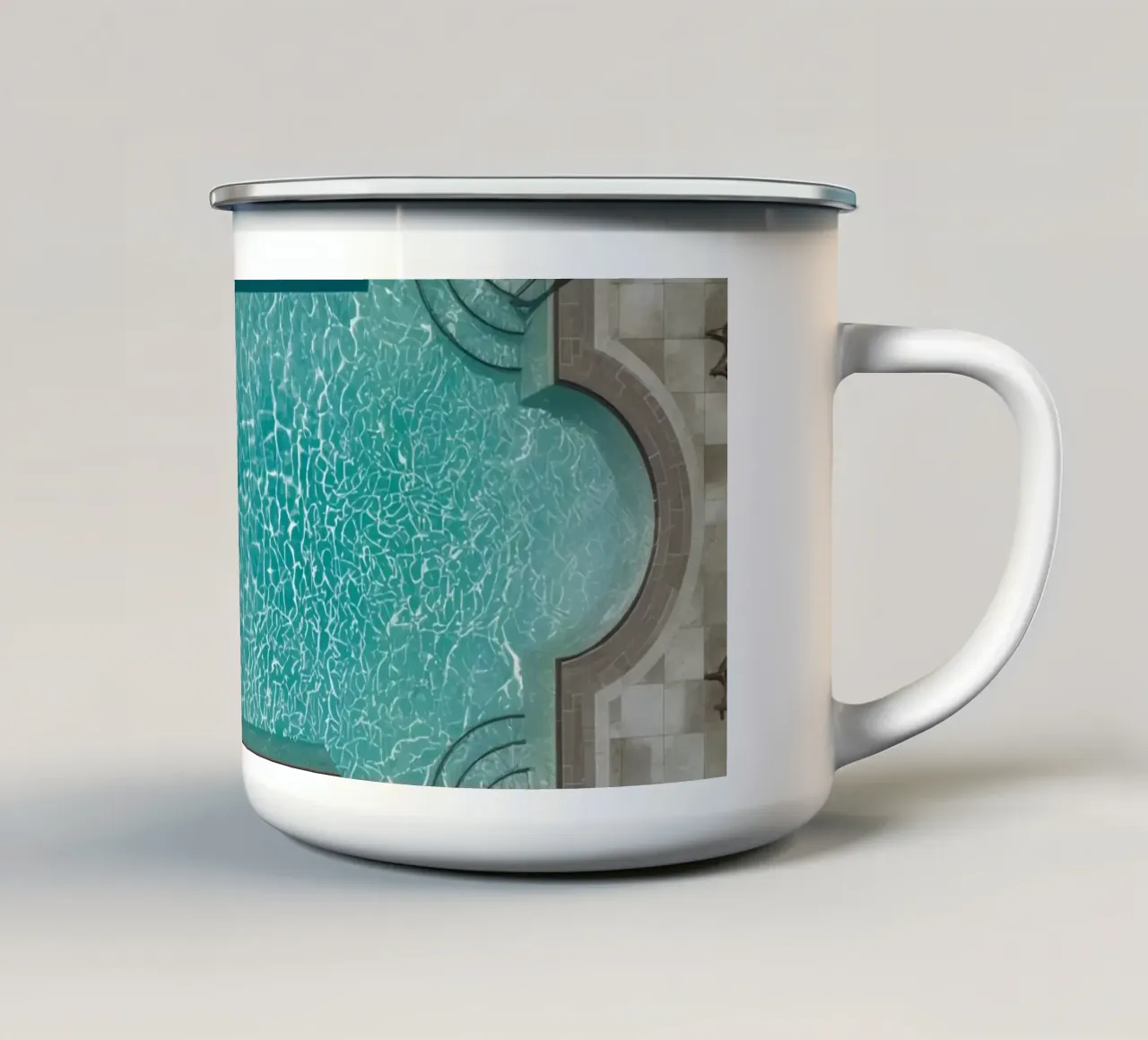 Vue aérienne d'une piscine rectangulaire avec un patio en pierre mug en émail de DesignDoodle