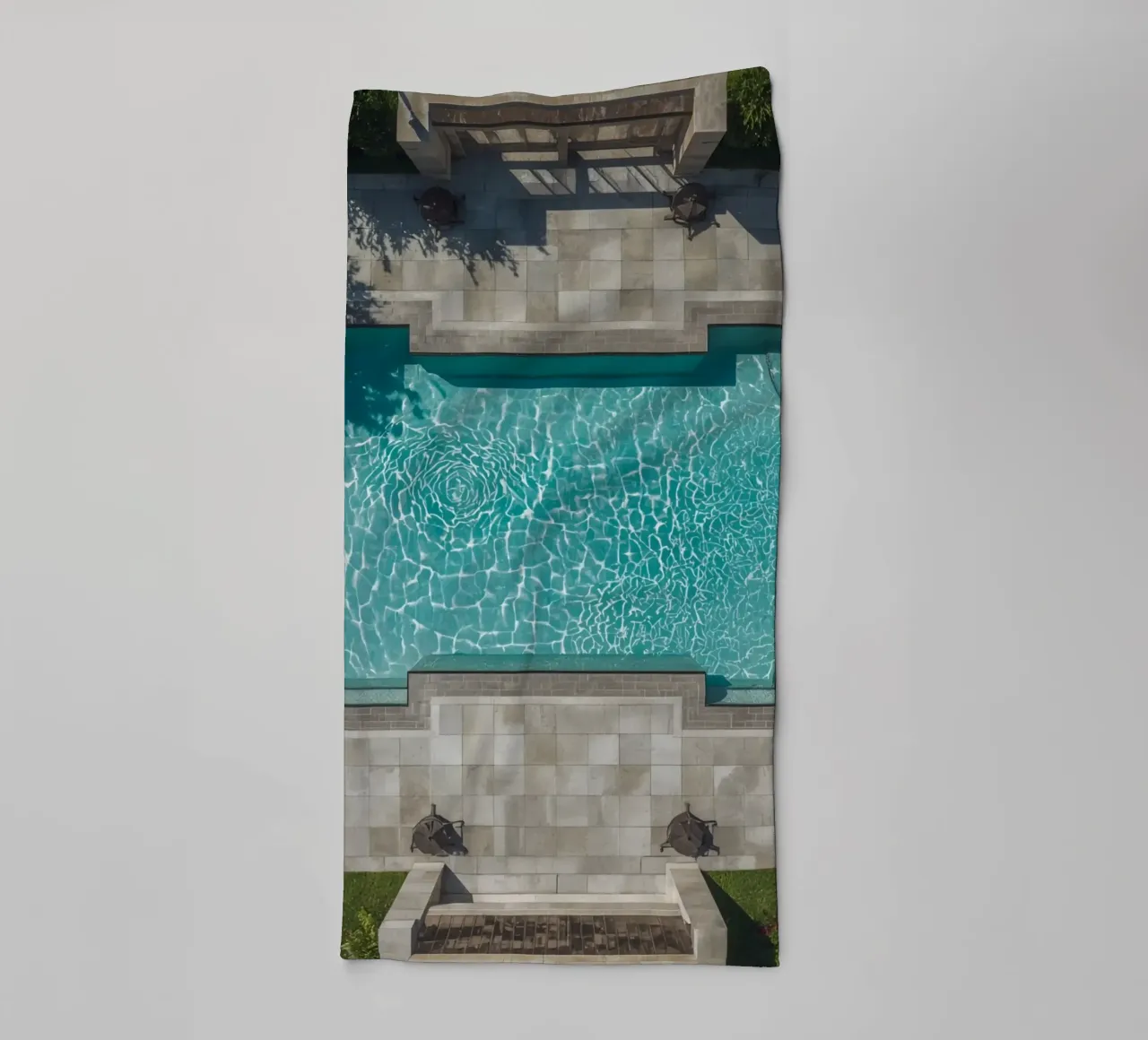 Aerial View of Rectangular Swimming Pool with Stone Patio towel by DesignDoodle