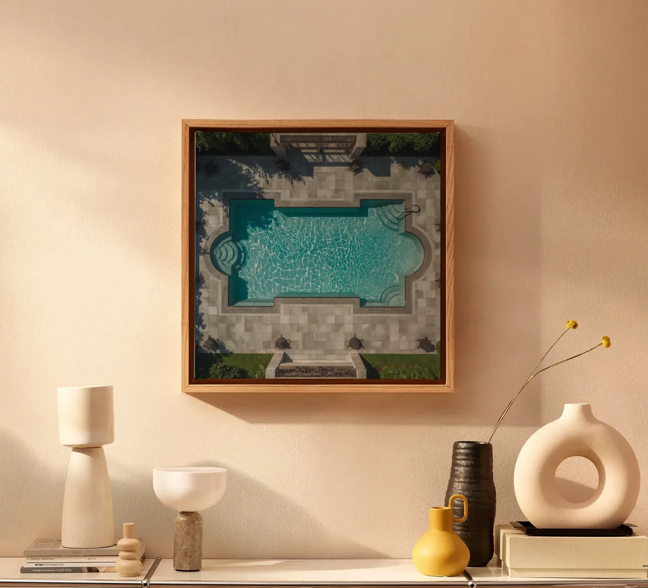 Aerial View of Rectangular Swimming Pool with Stone Patio canvas with Floater frame by DesignDoodle