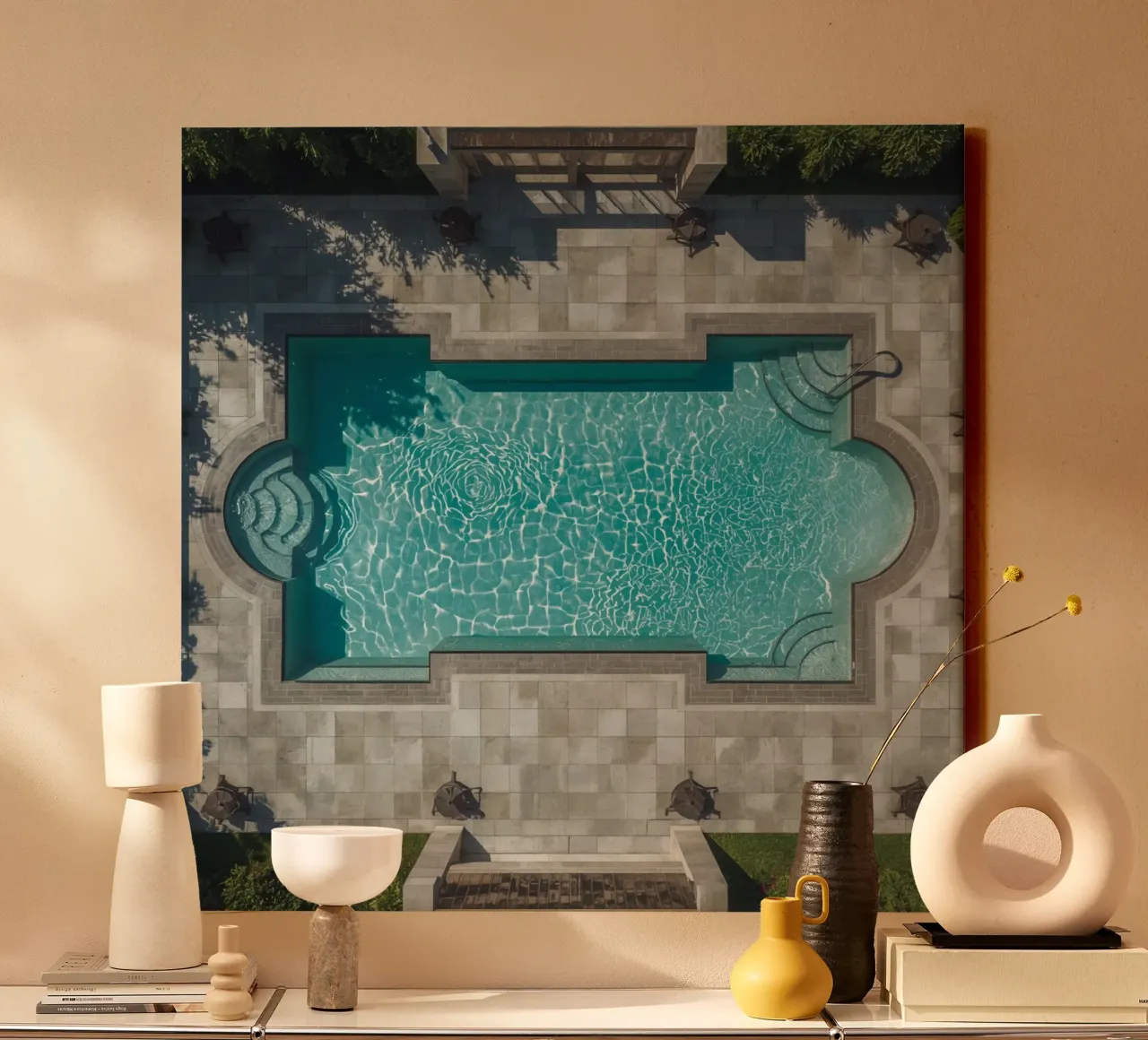 Aerial View of Rectangular Swimming Pool with Stone Patio canvas with Floater frame by DesignDoodle