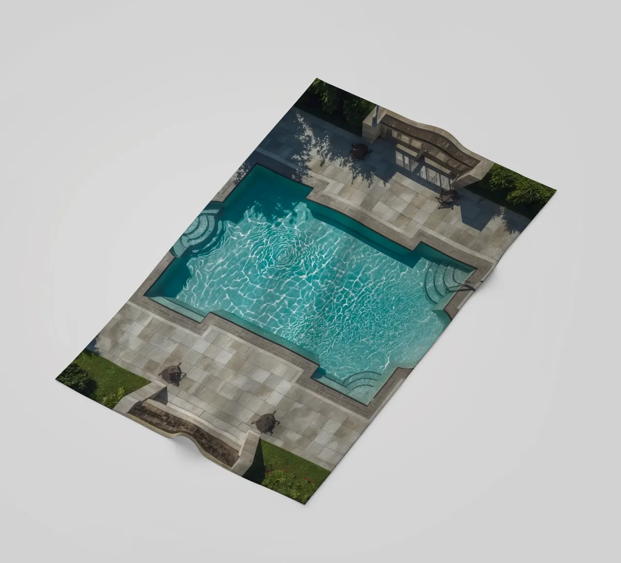 Aerial View of Rectangular Swimming Pool with Stone Patio beach towel by DesignDoodle