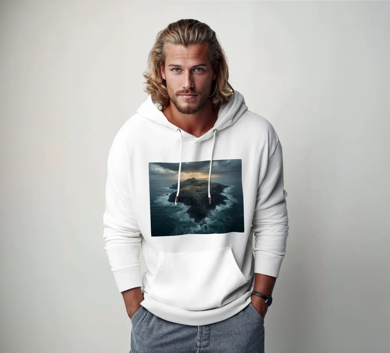 Vista aerea di Rocky Island circondata dall'oceano con tempesta felpa con cappuccio da DesignDoodle