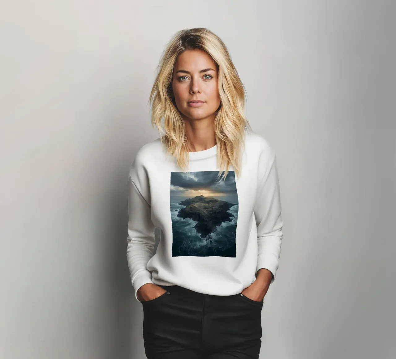 Vue aérienne de l'île Rocky entourée par l'océan avec tempête sweat de DesignDoodle