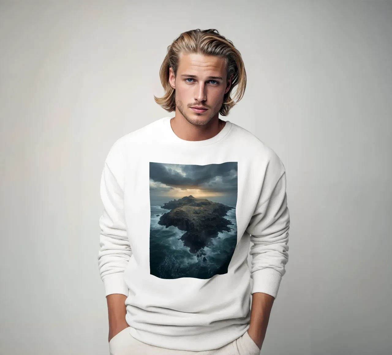 Vue aérienne de l'île Rocky entourée par l'océan avec tempête sweat de DesignDoodle
